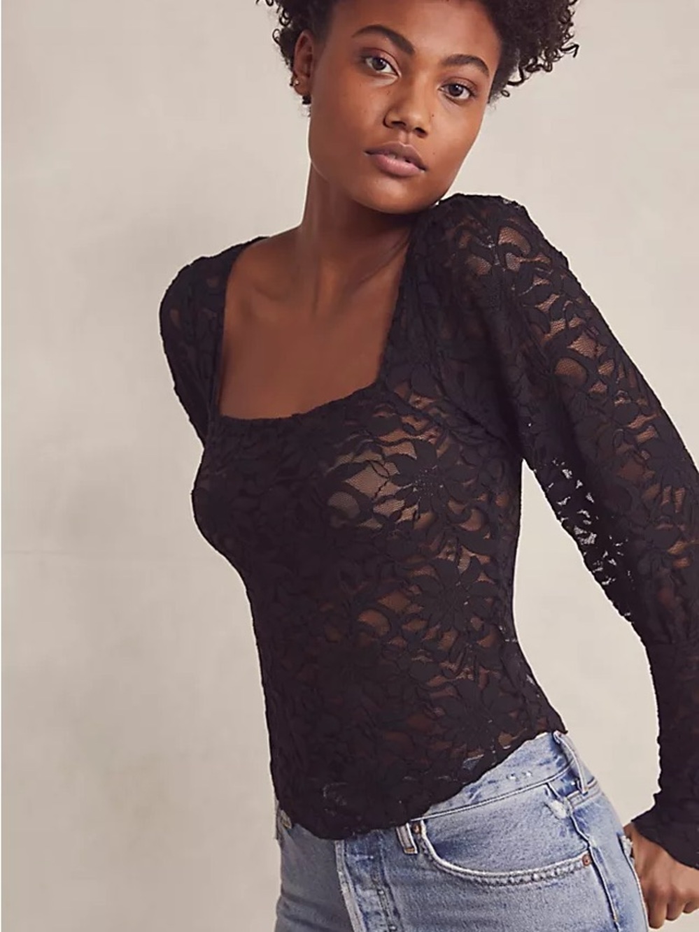 Free People Intimately Yours Long Distance Layering Black Lace Square-Neck Top
